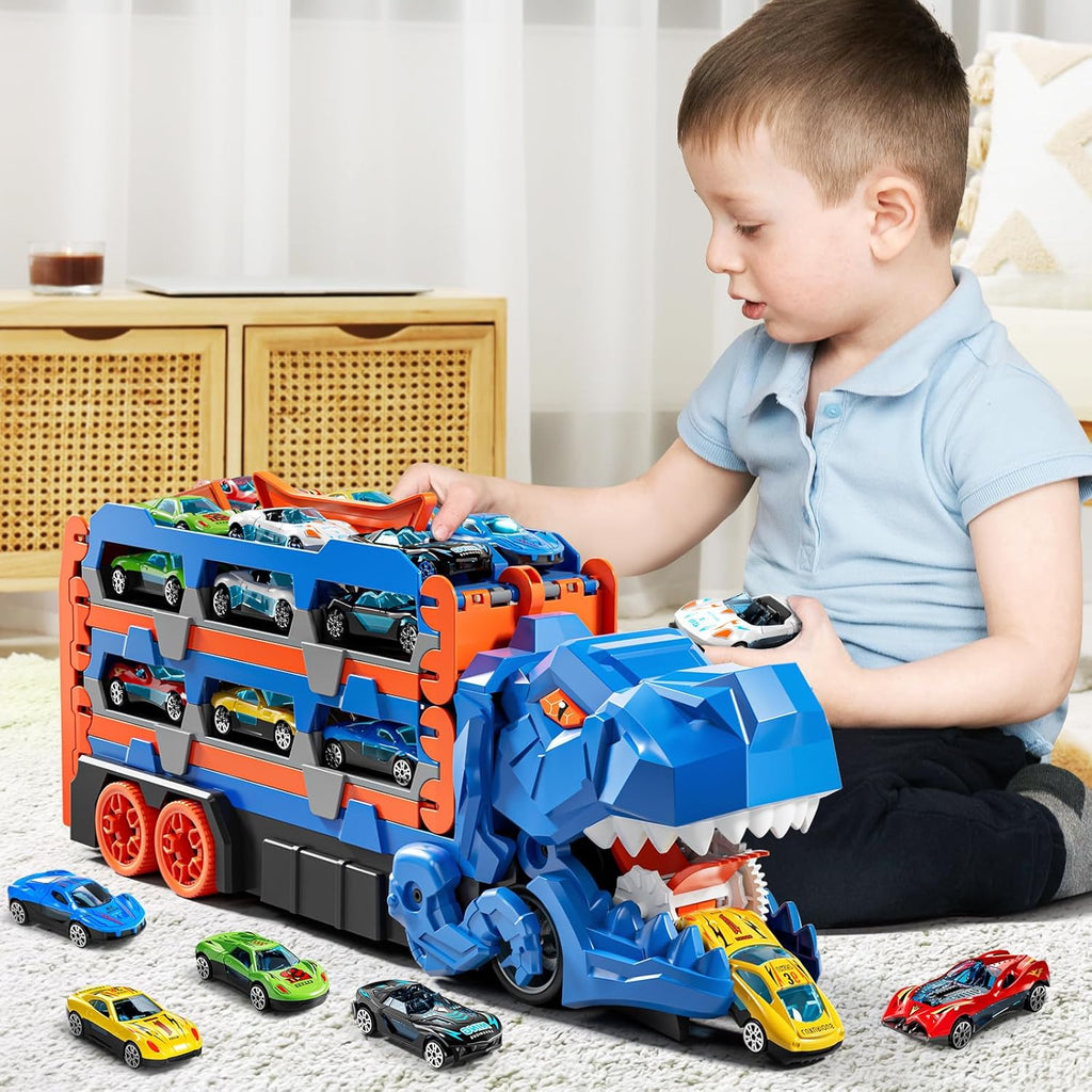 2-in-1 Foldable Dinosaur Truck With 2Pcs Cars and Racing Track