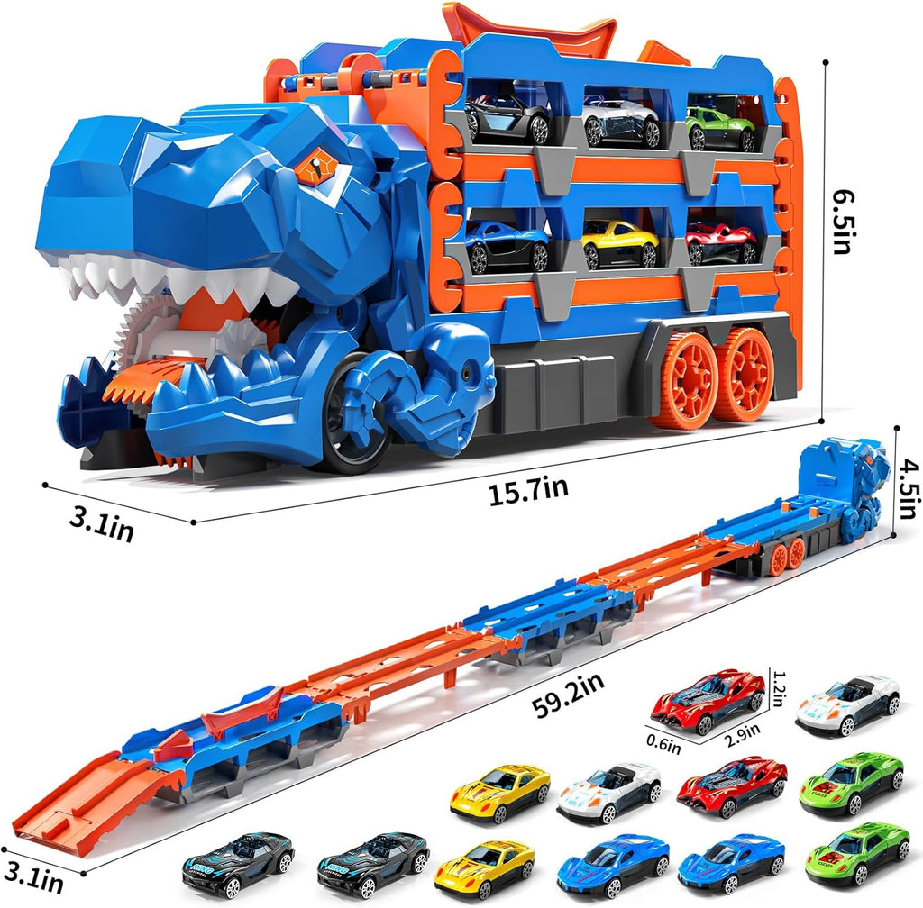2-in-1 Foldable Dinosaur Truck With 2Pcs Cars and Racing Track