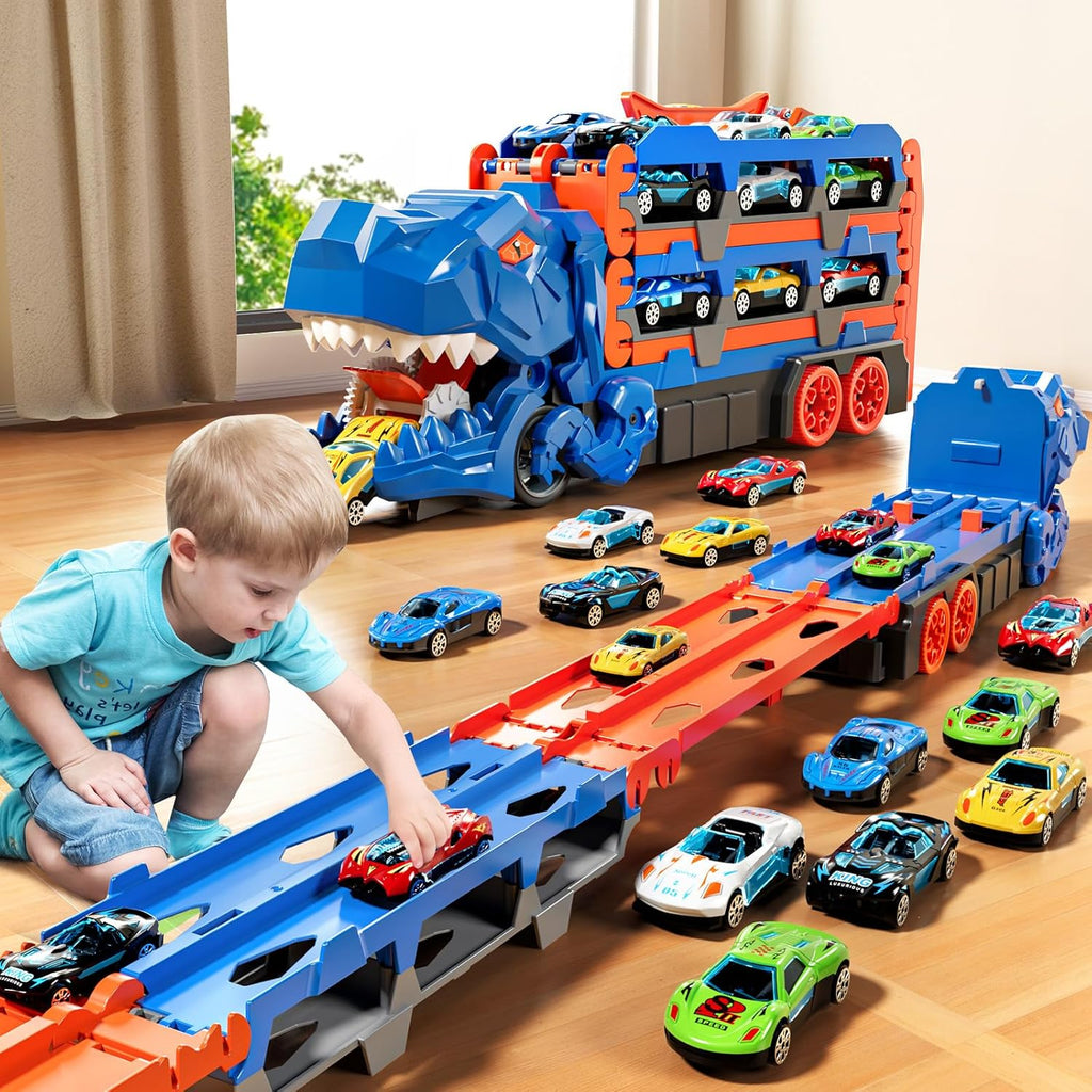 2-in-1 Foldable Dinosaur Truck With 2Pcs Cars and Racing Track