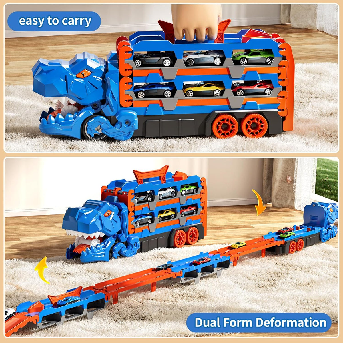 2-in-1 Foldable Dinosaur Truck With 2Pcs Cars and Racing Track