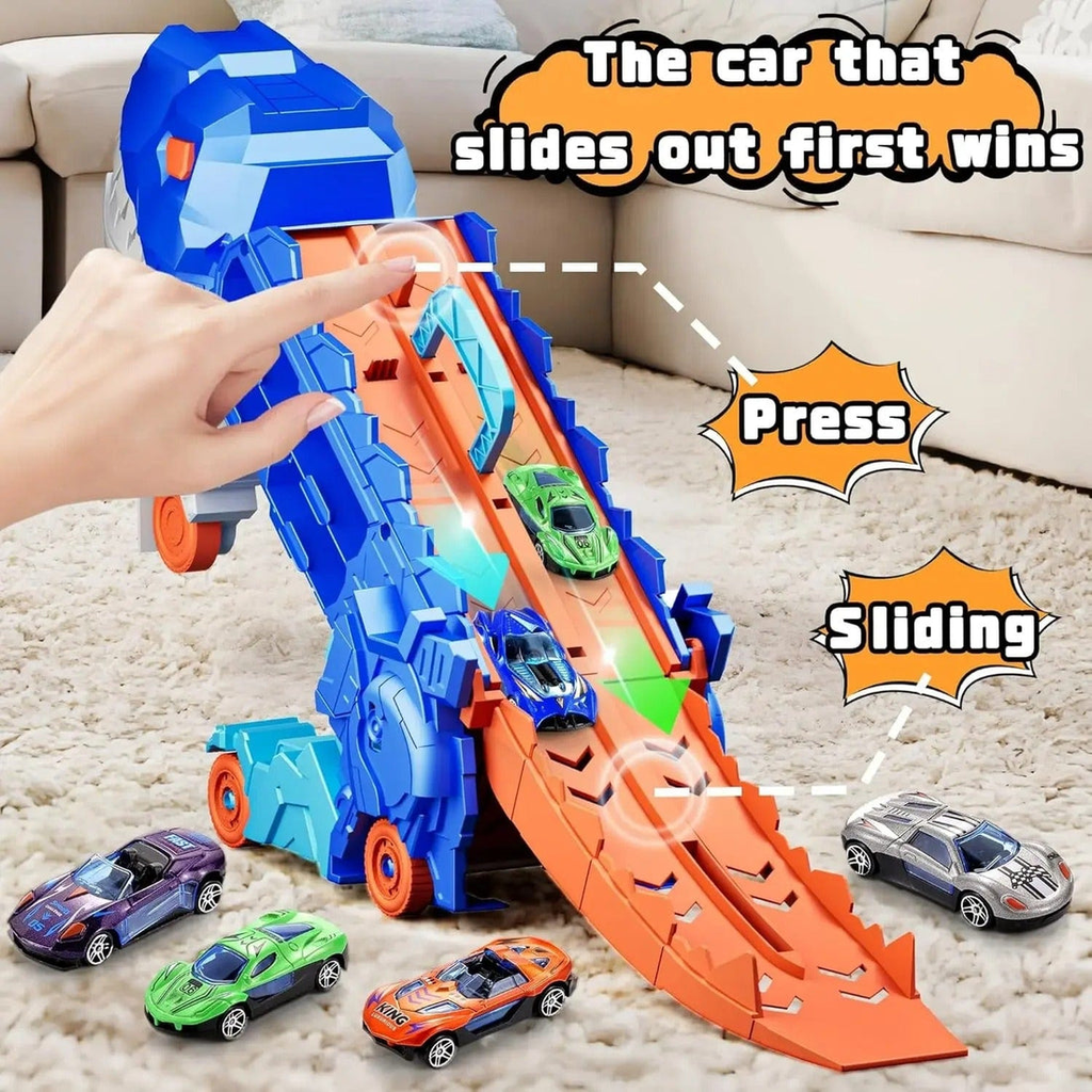 Dinosaur Truck Blue: Sliding Car Launcher & Transport Carrier Toy